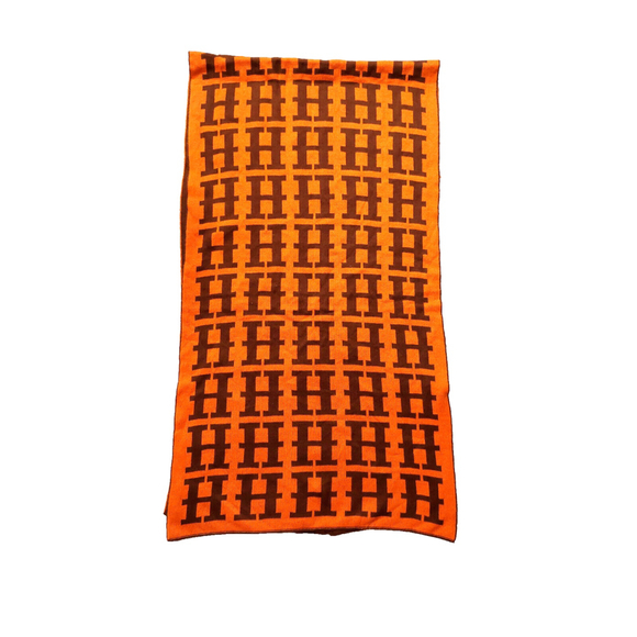 HERMÈS Iconic Brown & Orange Reversibile H Print Wool Scarf Pre-owned - Picture 7 of 16